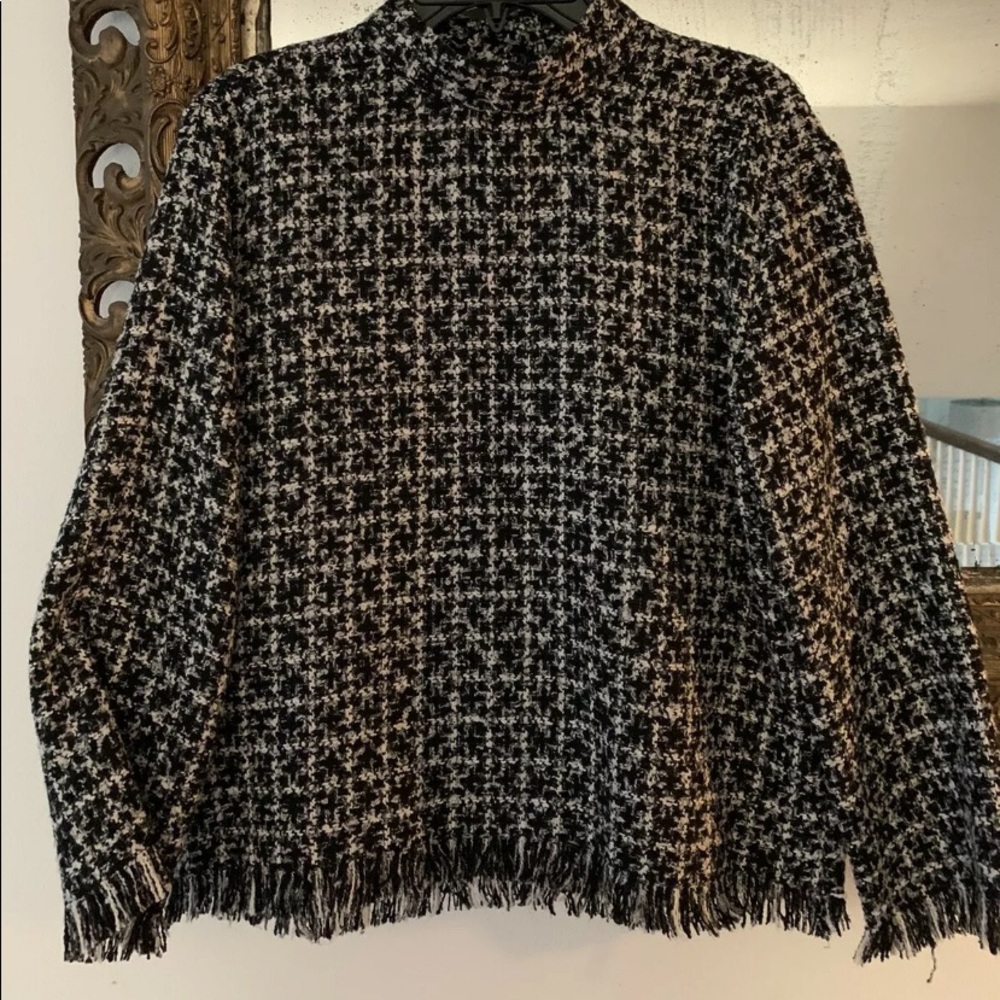 Zara Contrasting Tweed Blouse Fringe Hem Small